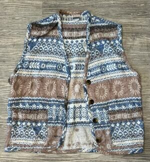 Vintage 90s Knit Sweater Vest Small Patterned Southwest Boho Festival Earth Blue
